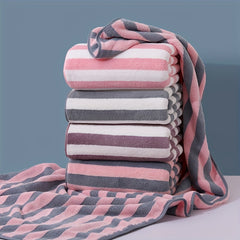 Soft Comfort Bath Towel Set High Coral Fleece Stripe Pattern