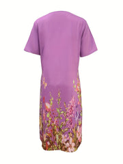 Floral Print Pleated Front Dress Short Sleeve Dual Pockets