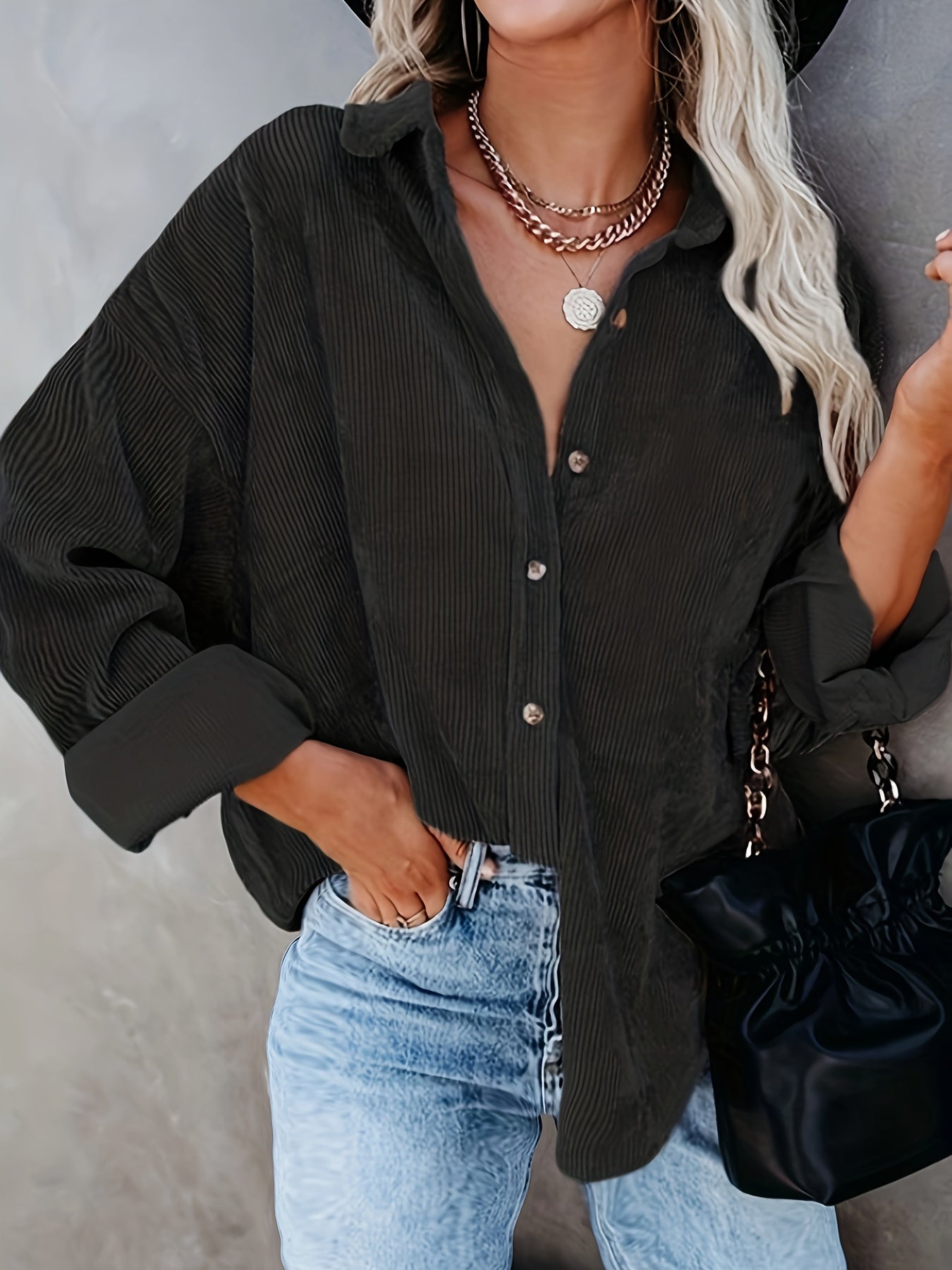  Corduroy Long Sleeve Button Up Collar Blouse