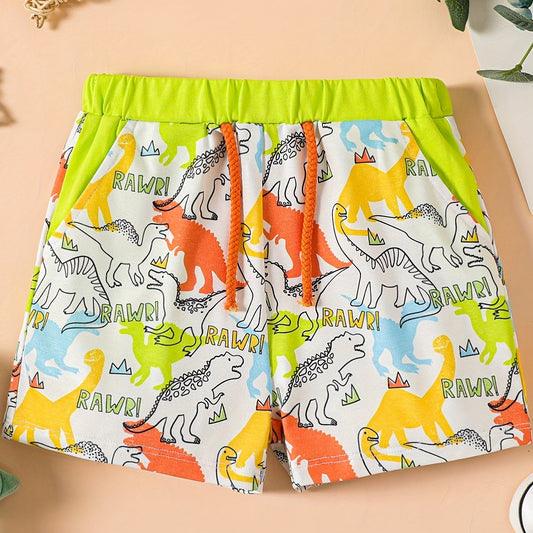 Cartoon Dino Print Boys Elastic Waist Shorts for Summer