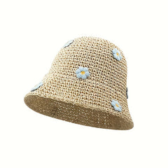 Flower Decor Bucket Hat Solid Sun Hats Hollow Crochet Cloche Hat