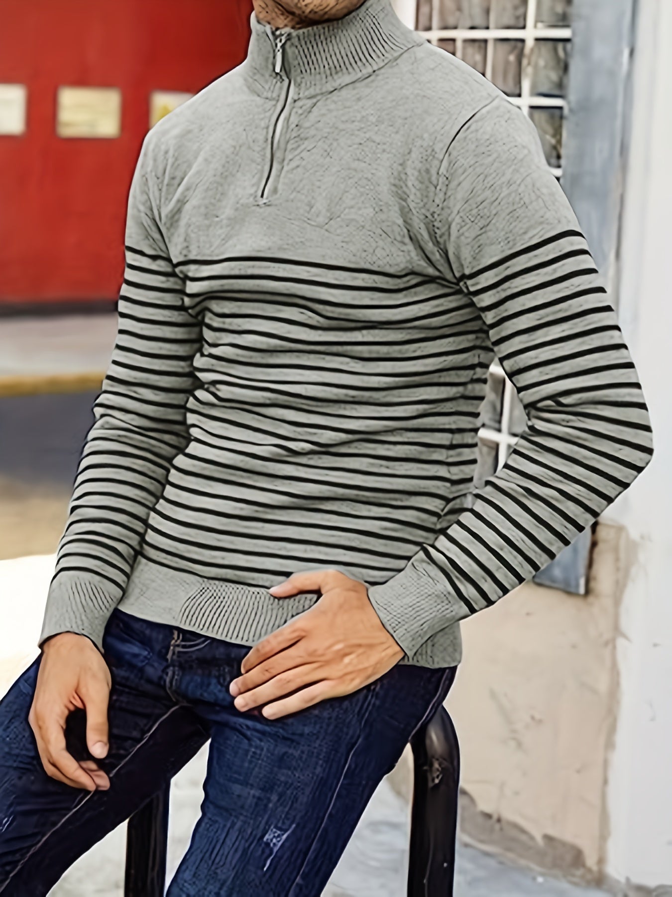 Striped Polo Shirt V Neck Pullover Sweater Men