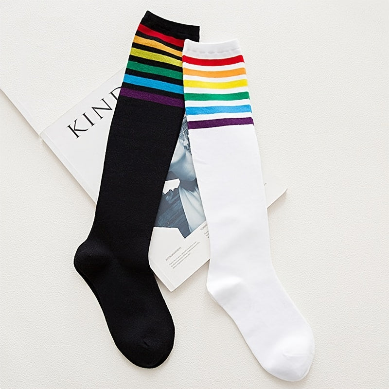 Rainbow Striped Calf Socks Harajuku College Style Knee High Socks Women