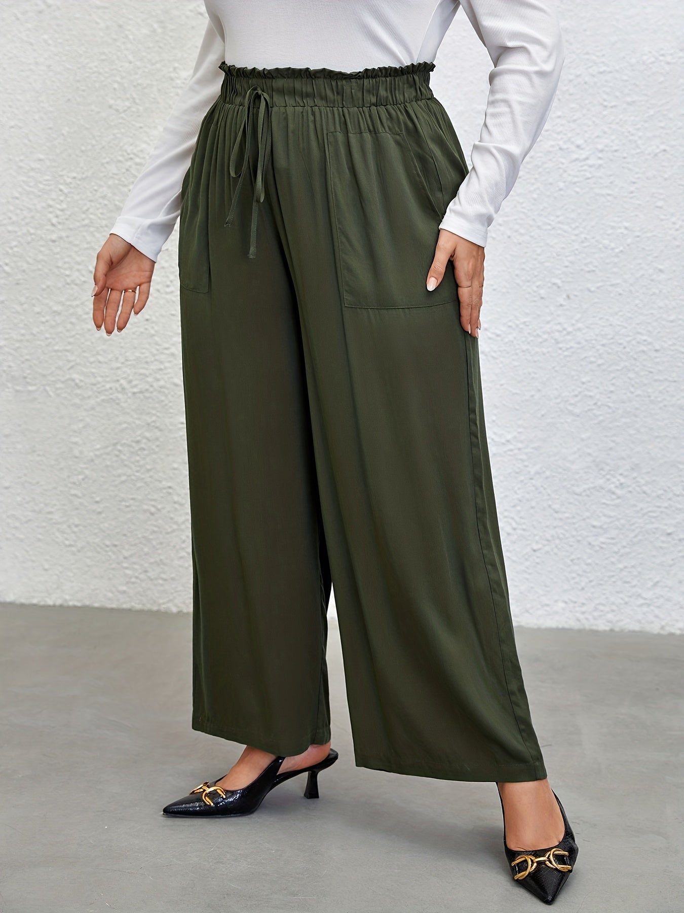  Plain Waist Band Drawstring Wide Leg Pants