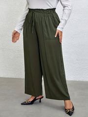  Plain Waist Band Drawstring Wide Leg Pants