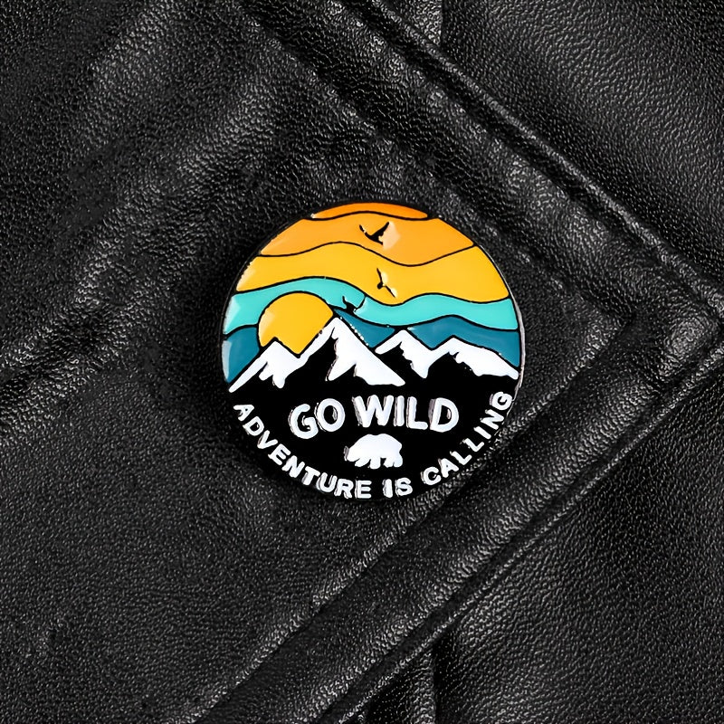 Sunset Snow Mountain Flying Bird Brooch Alloy Enamel Cowboy Badge