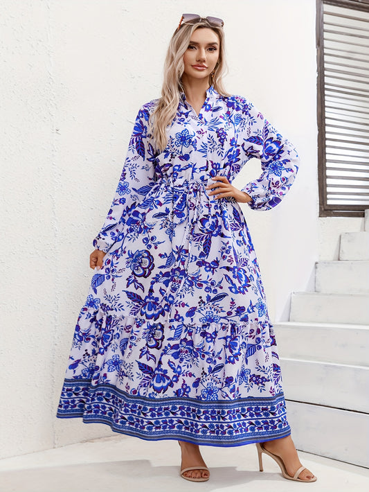  Floral Print Lantern Sleeve Maxi Dress With Belt