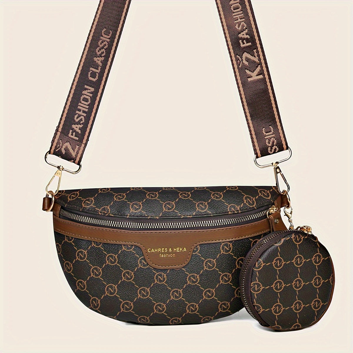 Classic Retro Pattern Crescent Shoulder Bag With Mini Round Purse