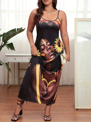  Women's Figure Print Round Neck Maxi Dress
