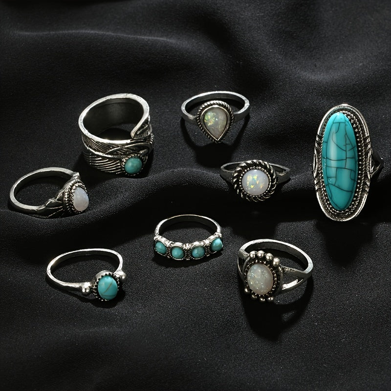 Vintage Turquoise Feather Ring Set 8pcs