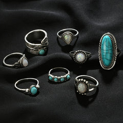 Vintage Turquoise Feather Ring Set 8pcs