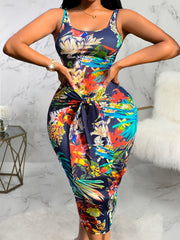 Tropical Print Slim Fit Stretch Dress