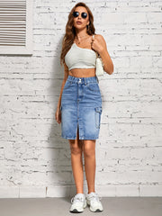 Cargo Denim Skirt Double Button Split High Waist