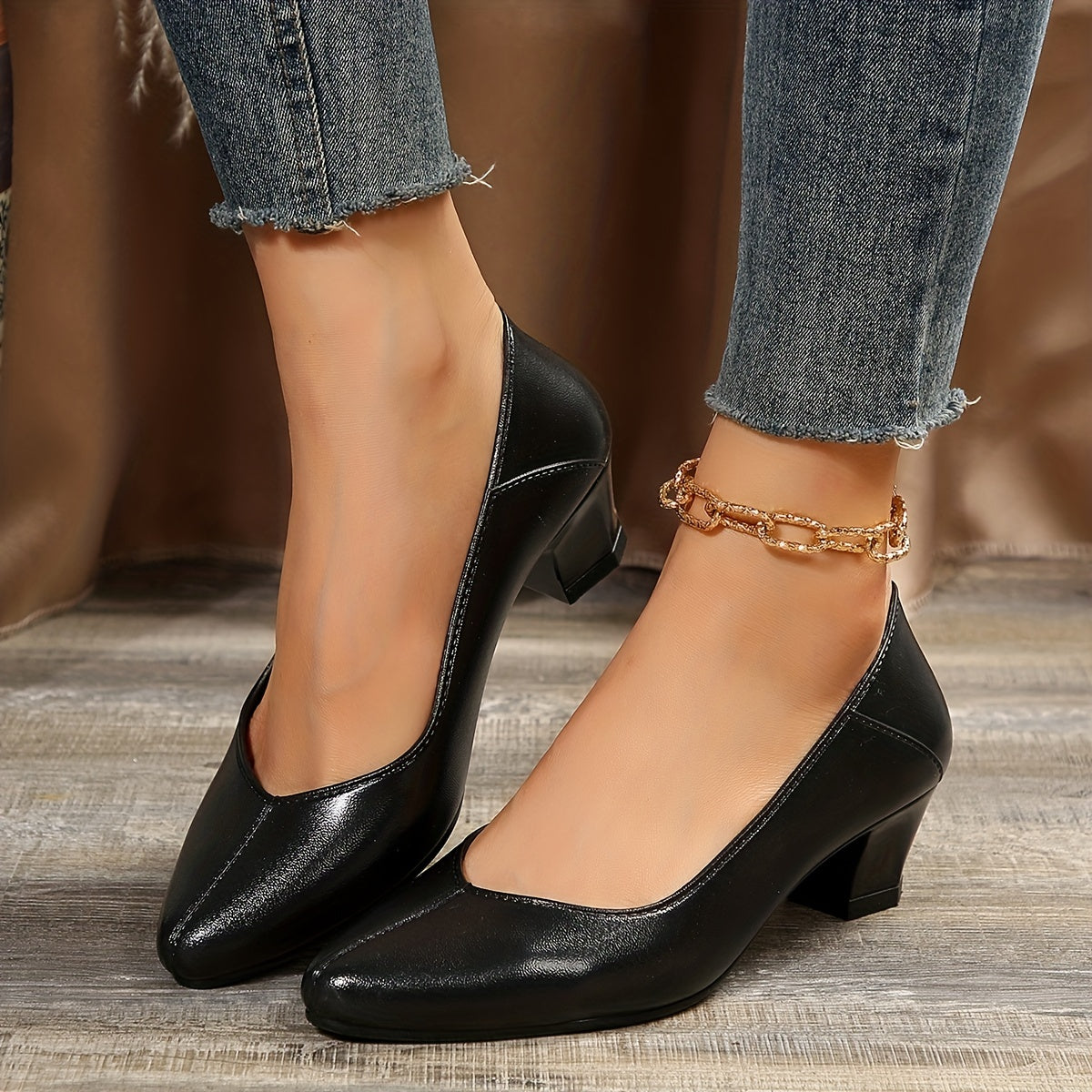 Women's Chunky Heels Point Toe Work Shoes Solid Pumps