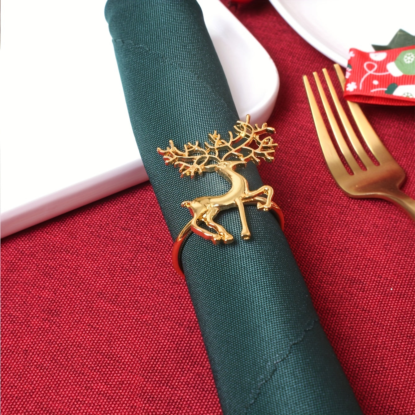 Golden Deer Napkin Rings Cast Iron Polished Metal Christmas Decor