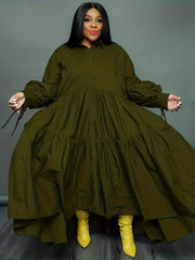  Tie Lantern Sleeve Ruffle Smock Dress