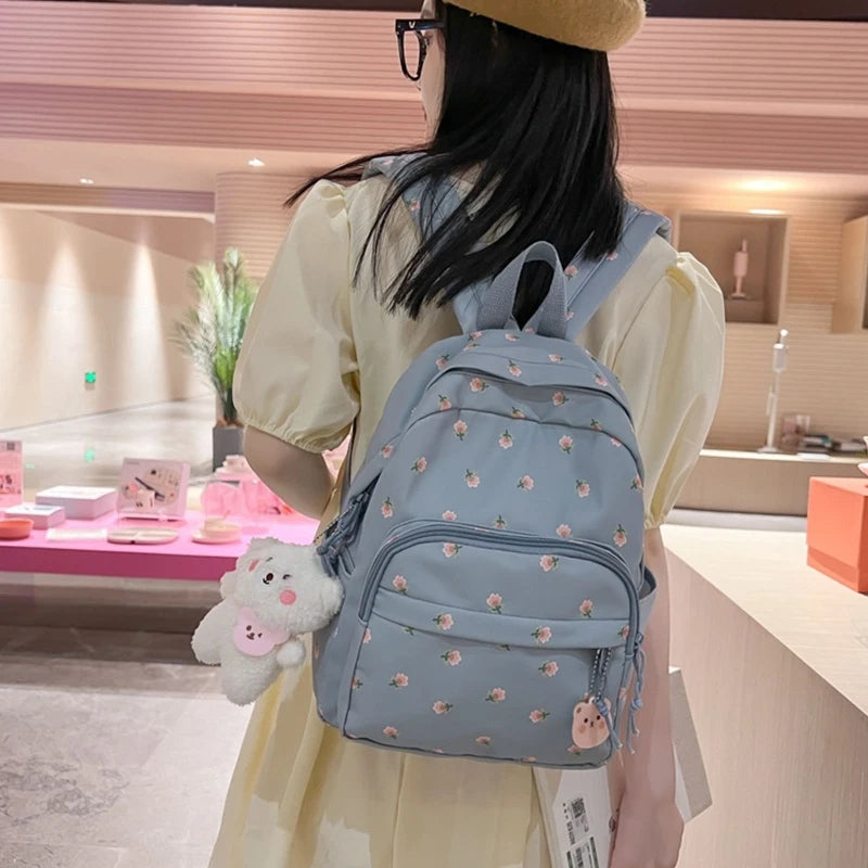 28GD Small Nylon Women Backpacks Lightweight Daypack with Plush Bear Charm