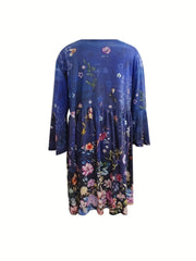 Casual Dress Women's Plus Floral Print Long Sleeve Smock Dress