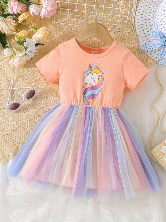 Toddler Girls Unicorn Graphic Mesh Princess Dress for Party