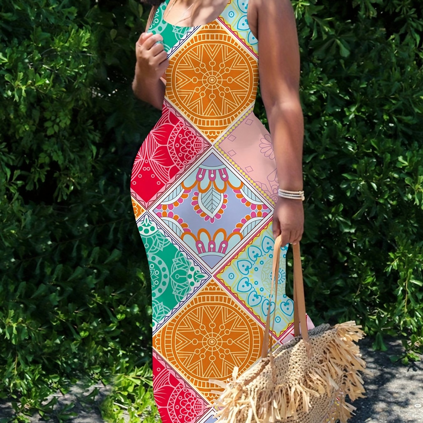  Colorblock Geometric Print Maxi Tank Dress