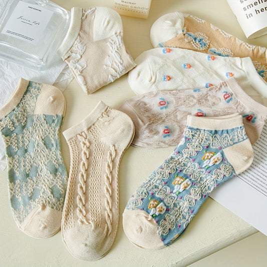 7 Pairs Floral Print Low Cut Ankle Socks Women Stockings