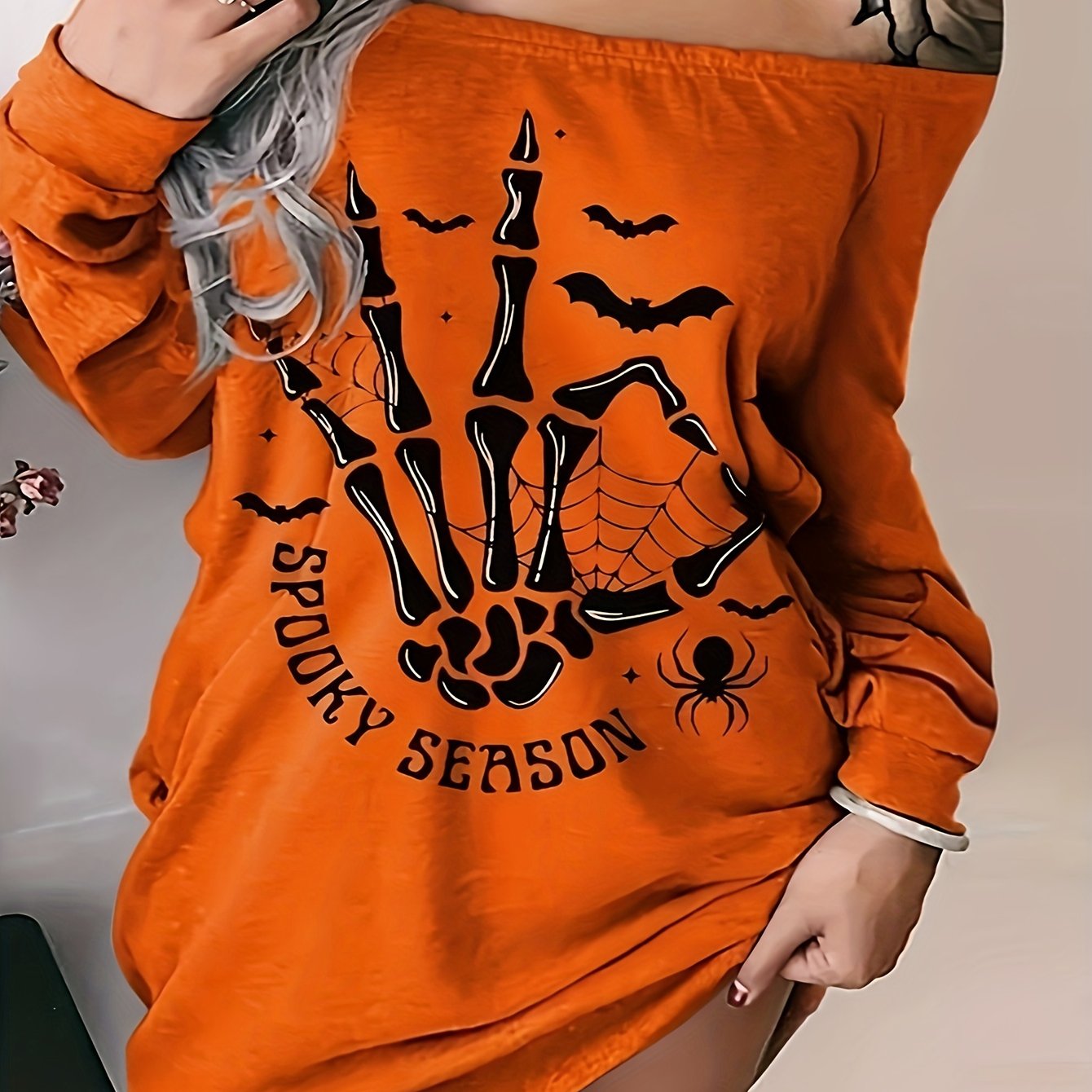 Women's Skull & Spider Print Off Shoulder Long SL Dress