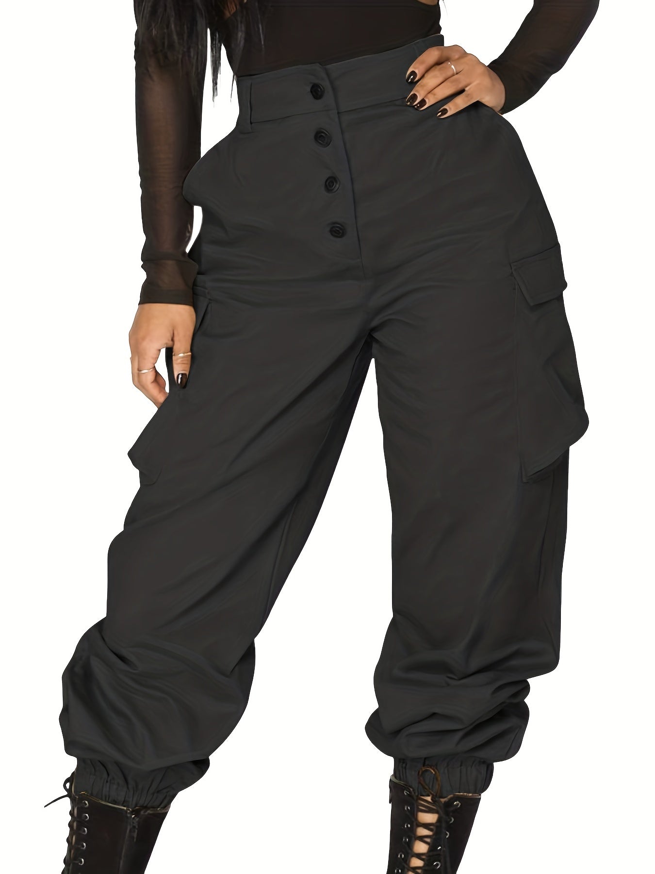 Women's Plus Solid Button Up Elastic High Rise Cargo Trousers