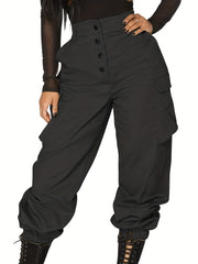 Women's Plus Solid Button Up Elastic High Rise Cargo Trousers