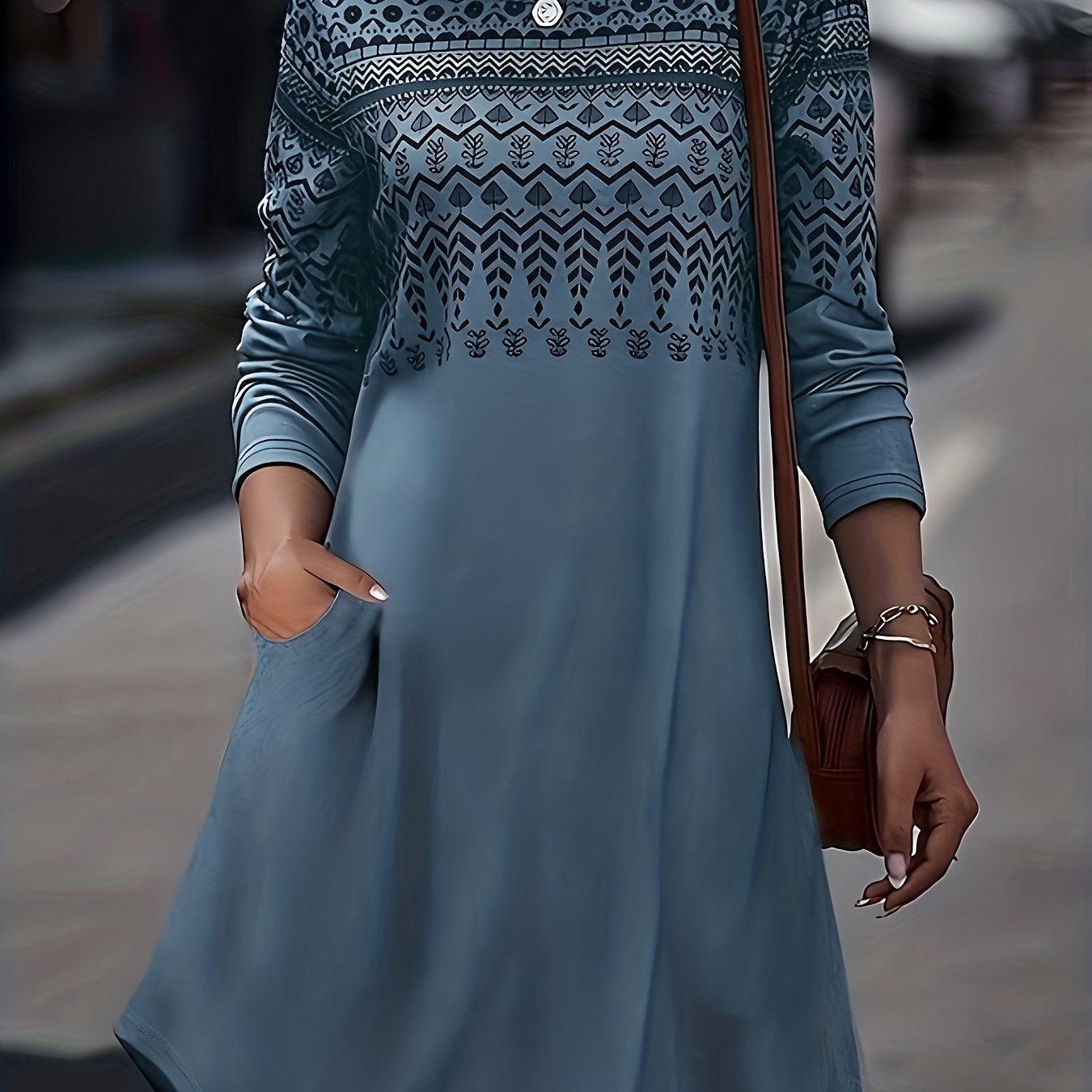 Floral Print Long Sleeve Round Neck Dress With Pockets