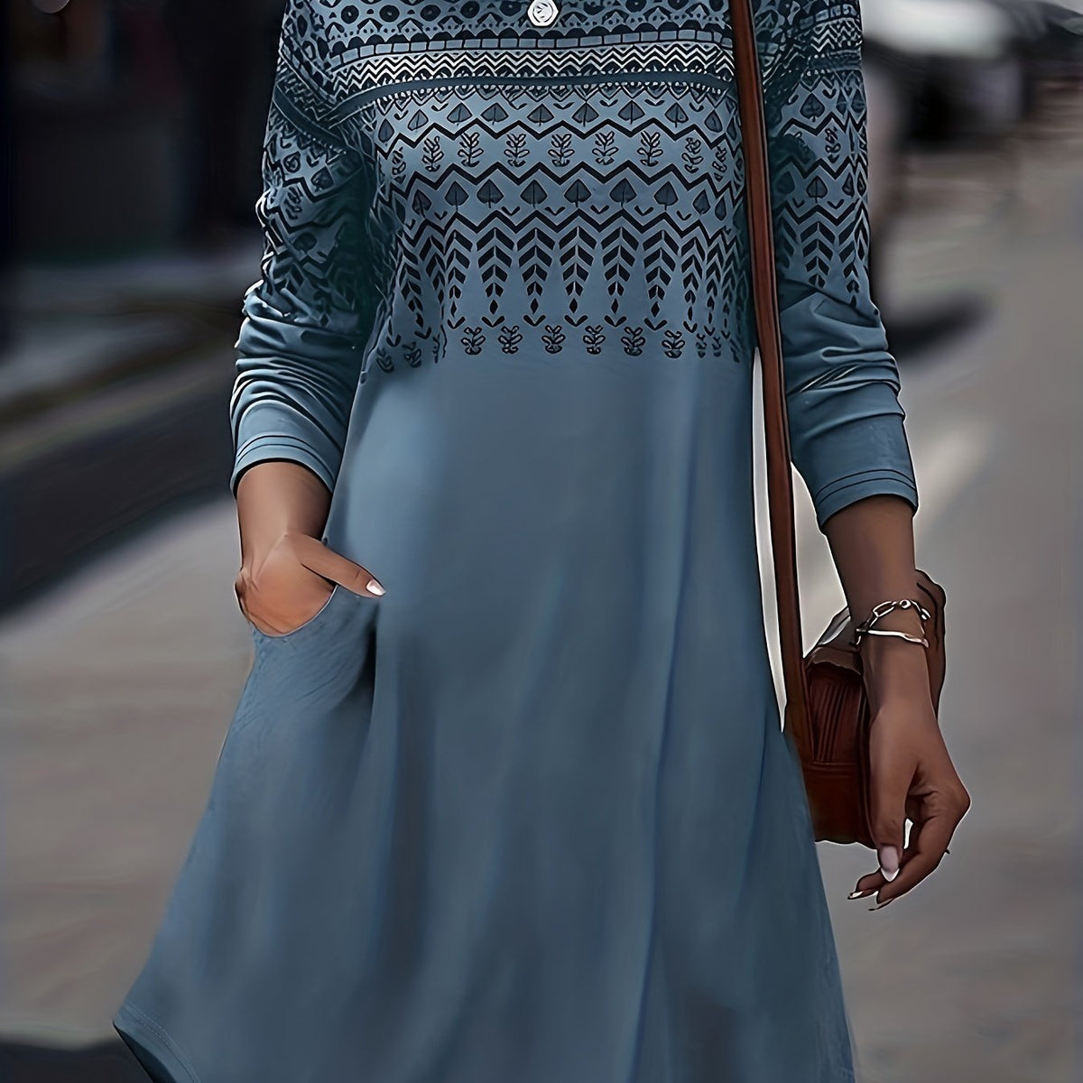 Floral Print Long Sleeve Round Neck Dress With Pockets