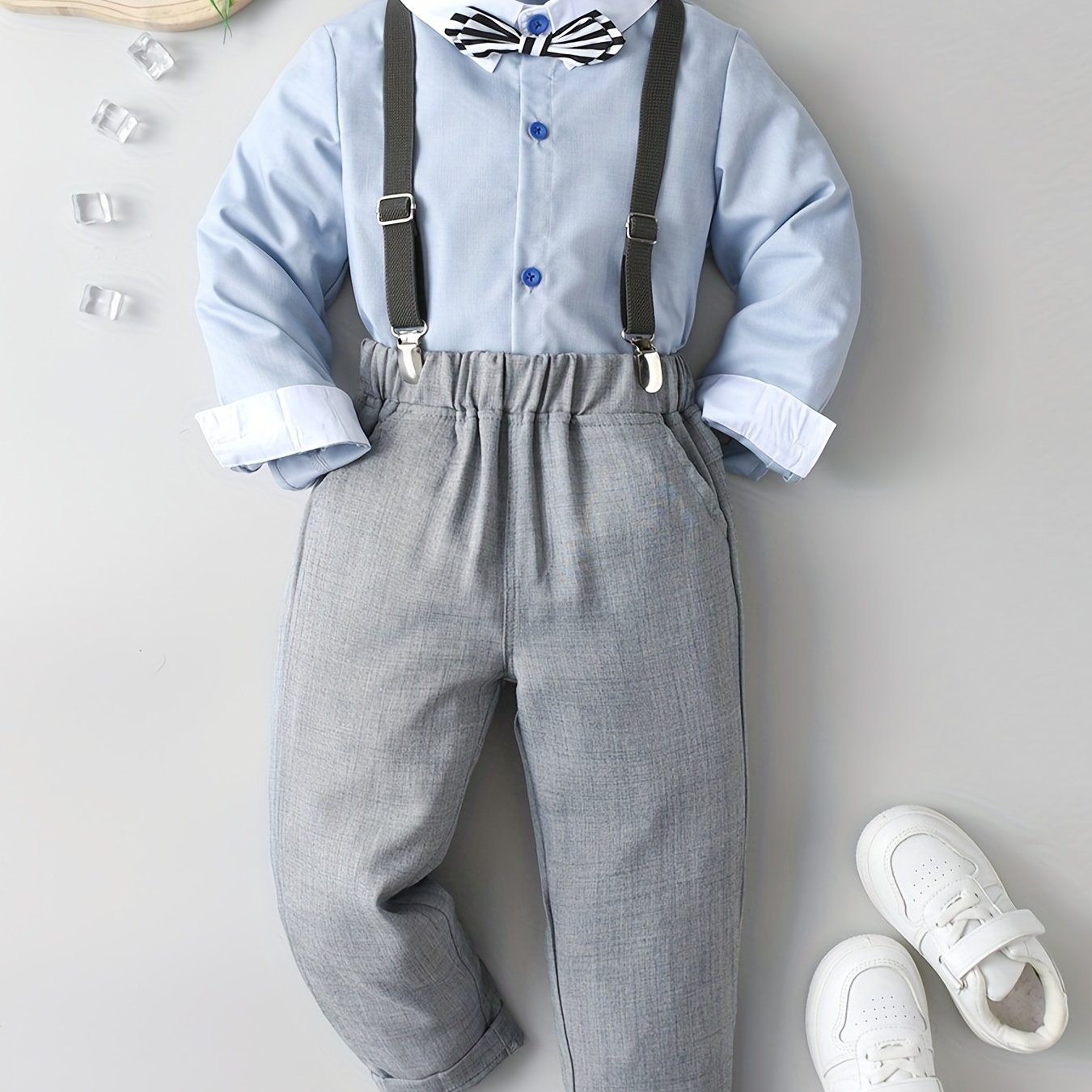 Boys Handsome Shirt & Bib Pants Set with Bow Tie