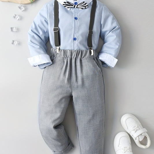 Boys Handsome Shirt & Bib Pants Set with Bow Tie