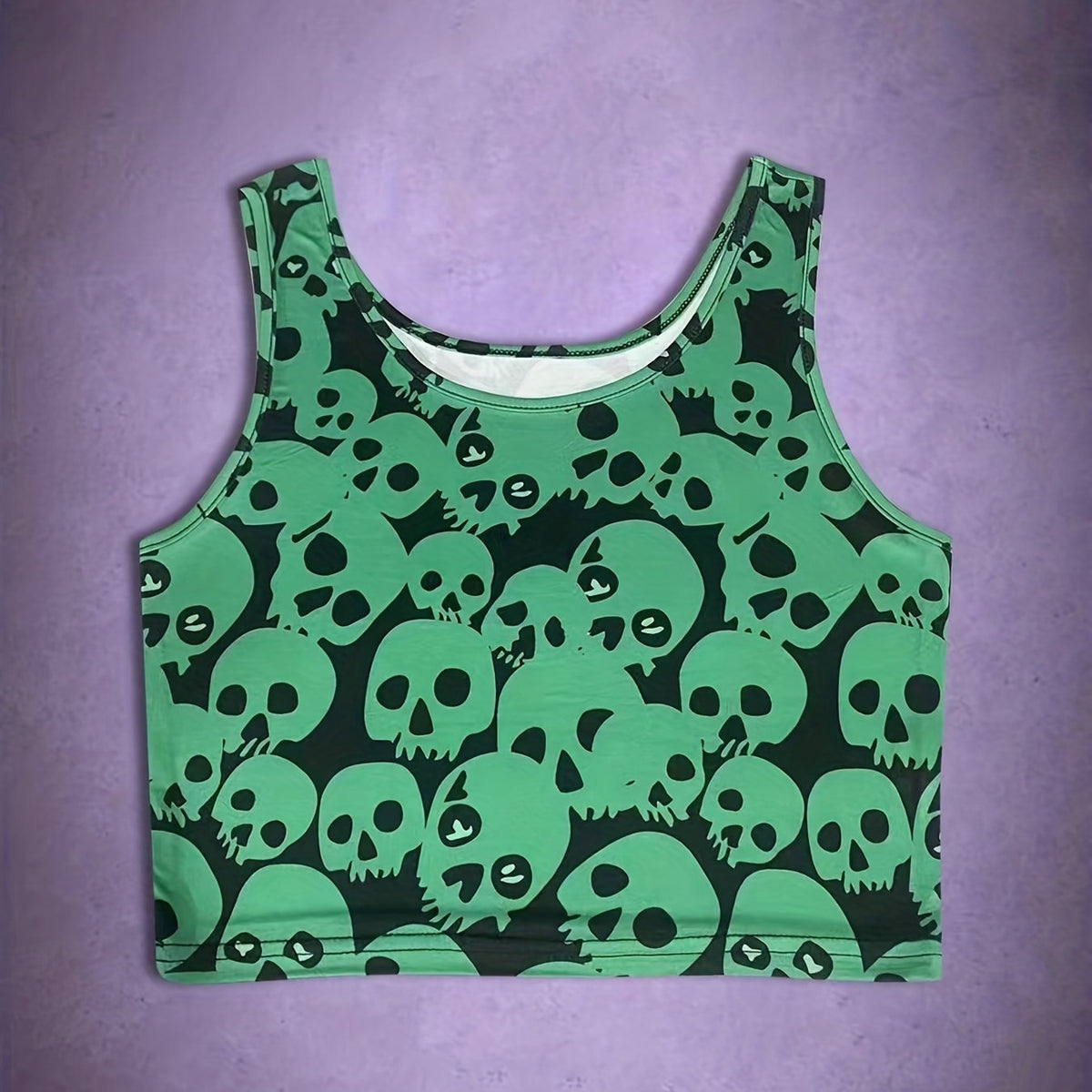 Halloween Skull Print Crop Tank Top Sexy Crew Neck Sleeveless Top For Summer