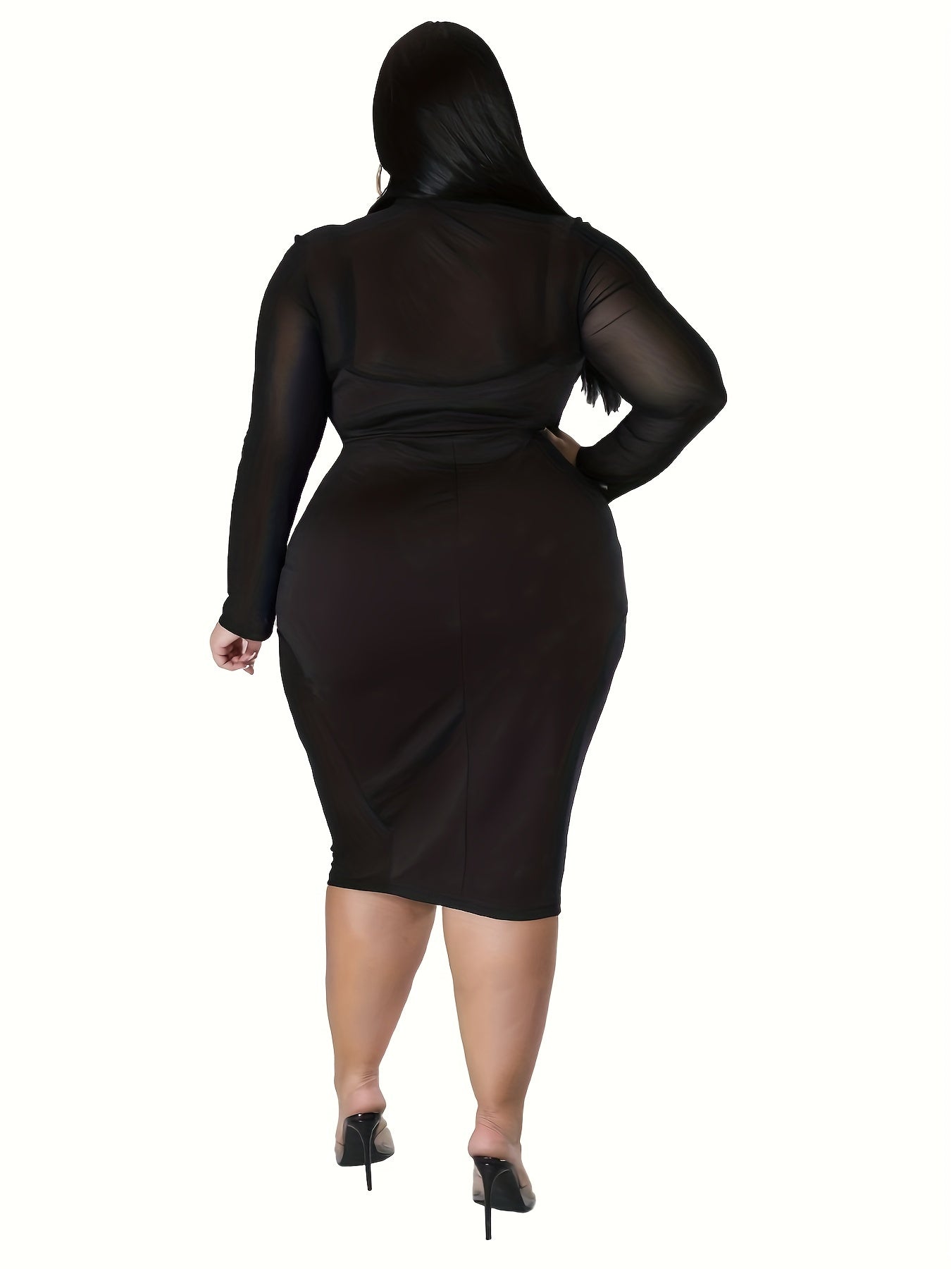  Sexy Contrast Mesh Long Sleeve Bodycon Midi Dress