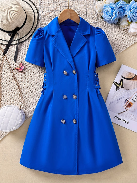 Girls' Lace Up Waist Lapel Short Sleeve Dress Casual Fit Kids Party Dresses