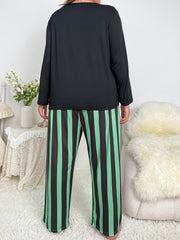 Women's Plus Cat Print Top & Striped Pants Pajama Set