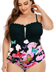  Ruffle Trim Cut Out One Piece Swimsuit