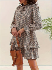  Allover Print Layered Ruffle Trim Flounce Sleeve Dress