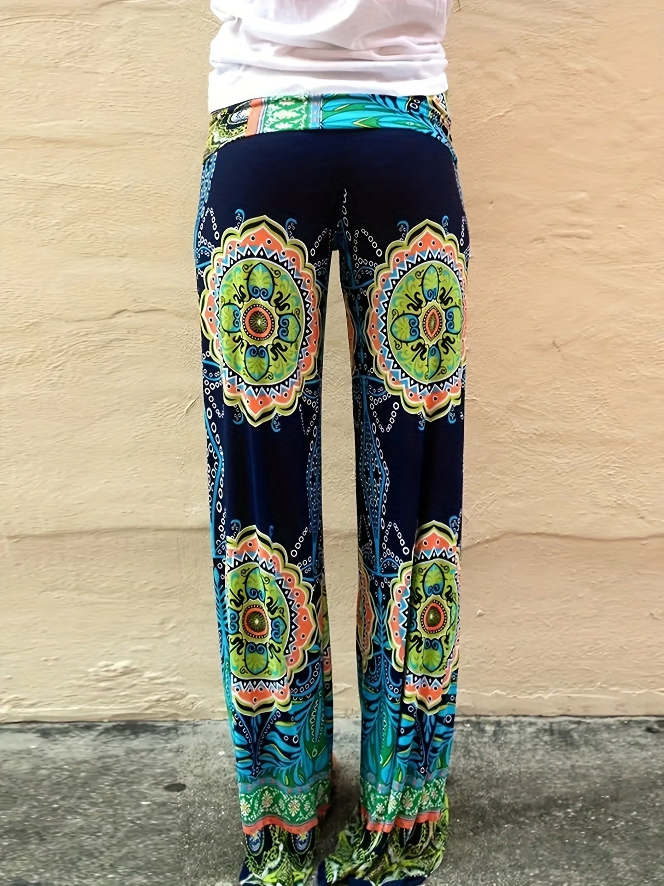  Boho Pants Women's Plus Floral Print Wide Leg Pants