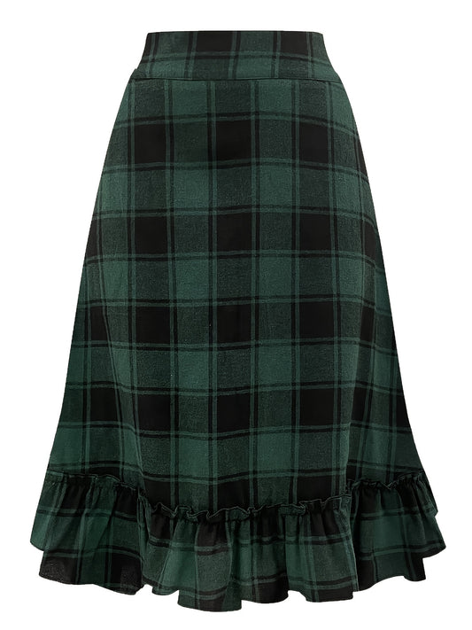  Plaid Print Ruffle Trim A line Maxi Skirt