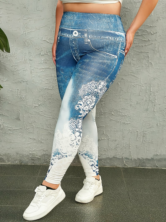  Denim & Lace Print High Rise Stretch Skinny Leggings