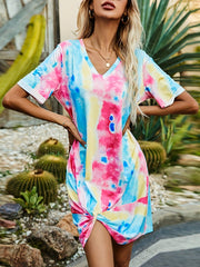 Tie Dye Twist Front V Neck Dress Short Sleeve Casual Summer Women Clothing
