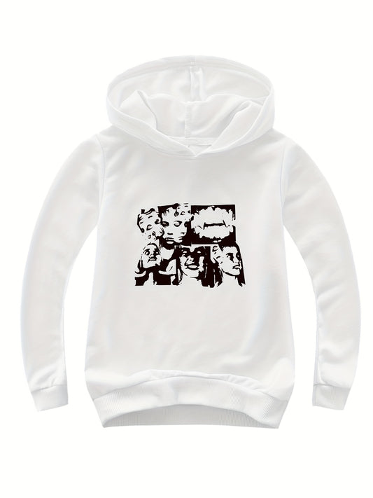 Portrait Print Girls Pullover Hooded Sweatshirt for Autumn Winter