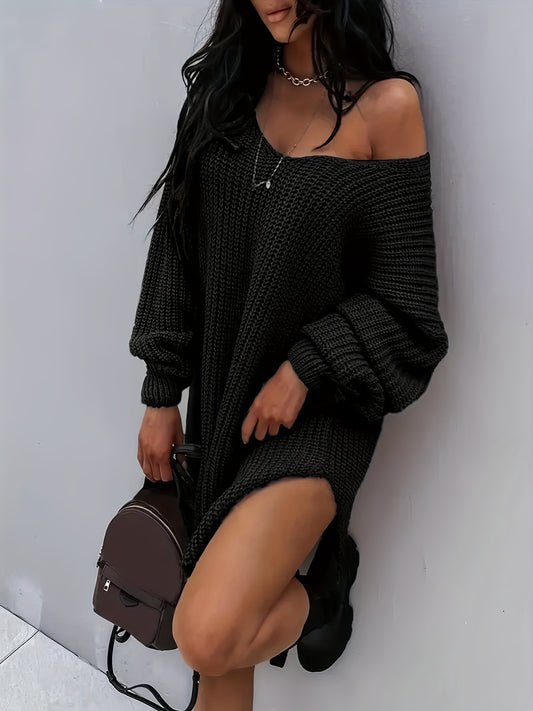  Sexy Sweater Dress One Shoulder Lantern Sleeve V Neck