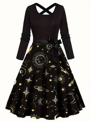  Sun & Moon Print Knot Front Long Sleeve A line Dress