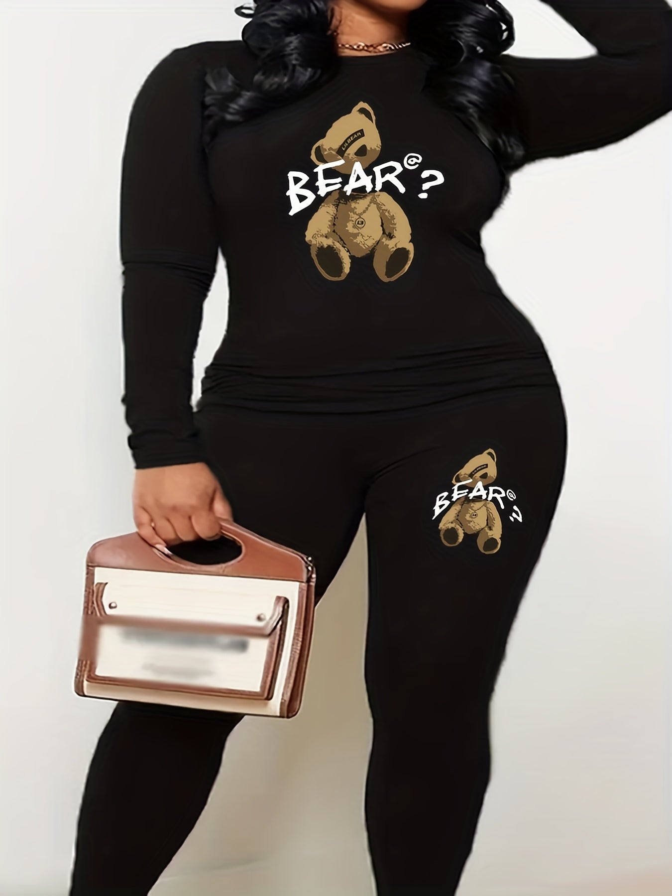 Women's Plus Bear & Letter Print Long Sleeve Top & Leggings Set