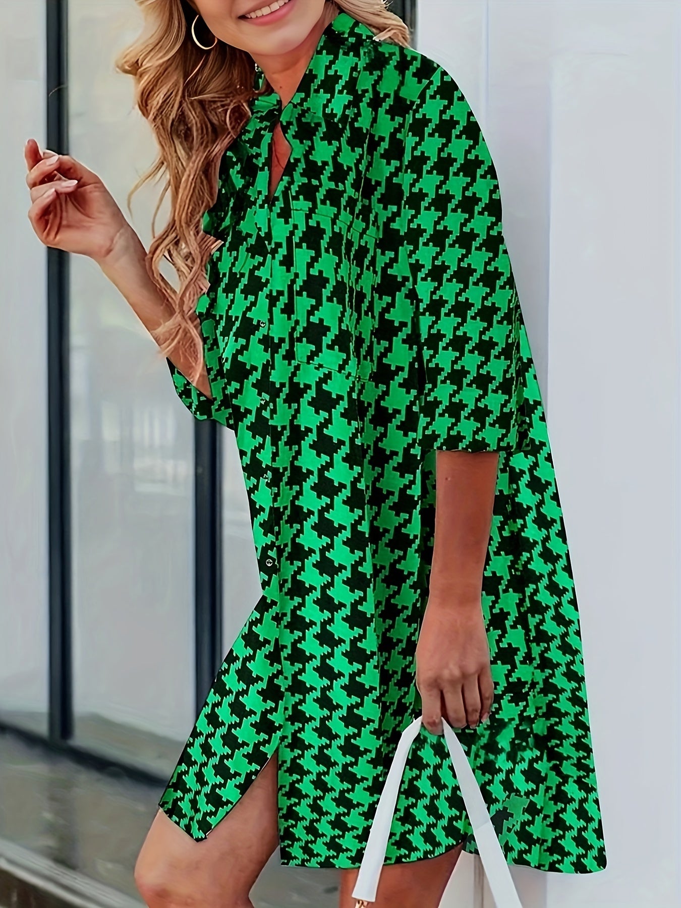  Houndstooth Print Button Up Blouse