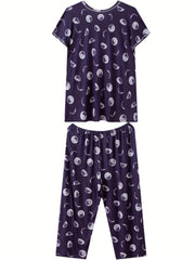 Floral Print Pajama Set Short Sleeve Crew Neck Top & Crop Pants