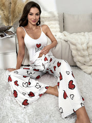 Heart Print Pajama Set Crew Neck Cami Top & Pants