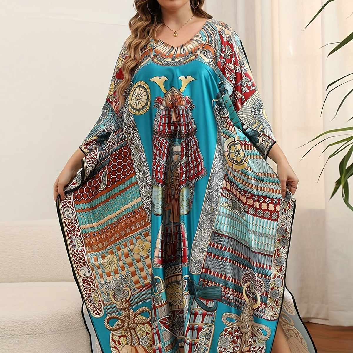  Boho Cover Up Women's Plus Graphic Print Bat Sleeve V Neck